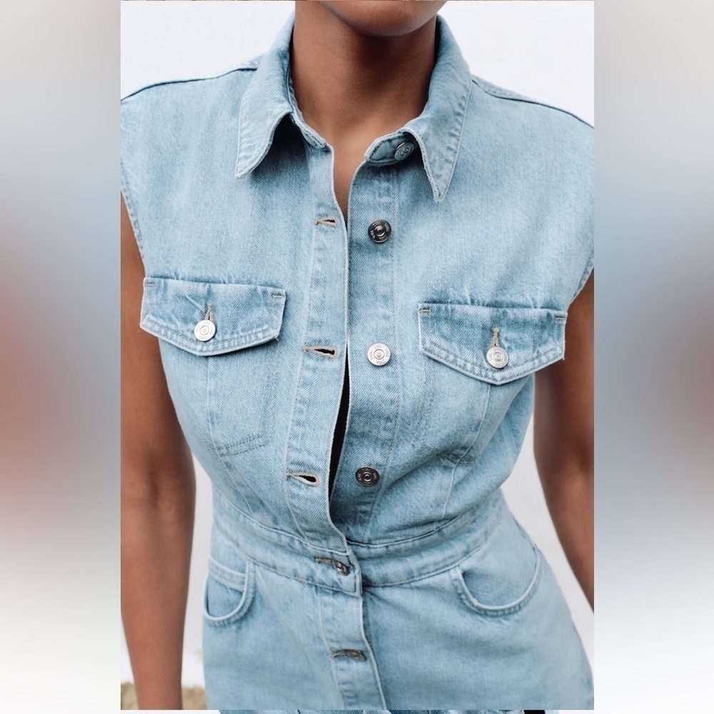 New ZARA Sleeveless Denim Mini Dress - Picture 2 of 9